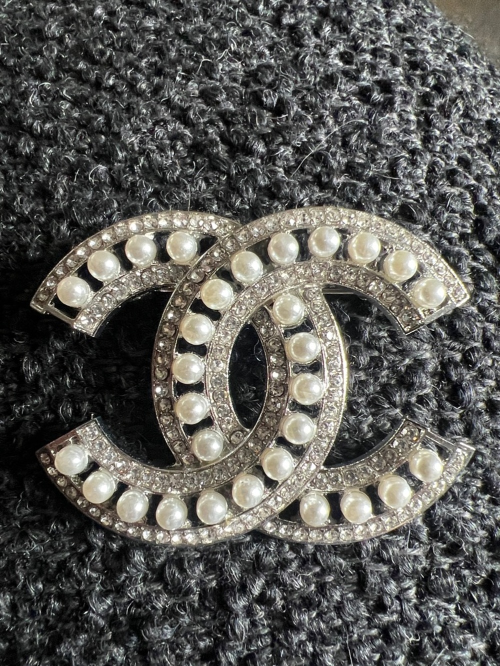 CHANEL Silver-Tone Pearl & Crystal CC Logo Brooch